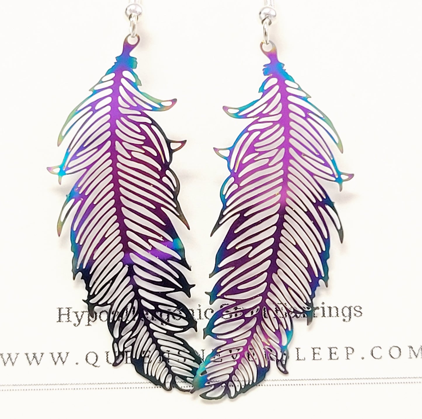 Metal Oil Slick Colored Feather Earrings