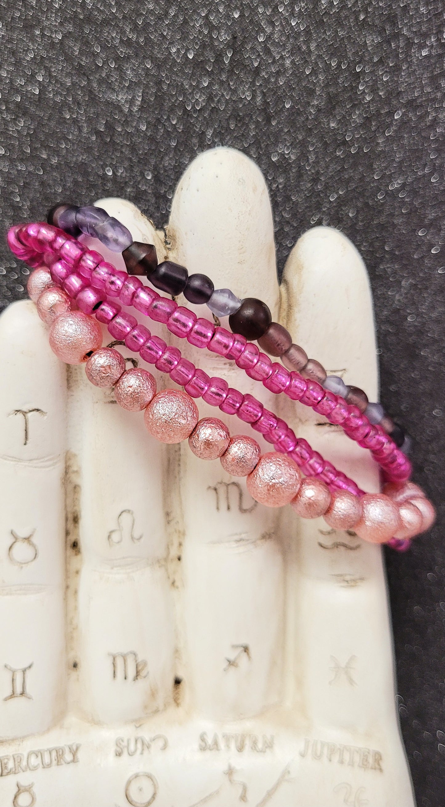 Stackable Metallic Pink With Purple Or Turquoise Accent Glass Bead Bracelet Set