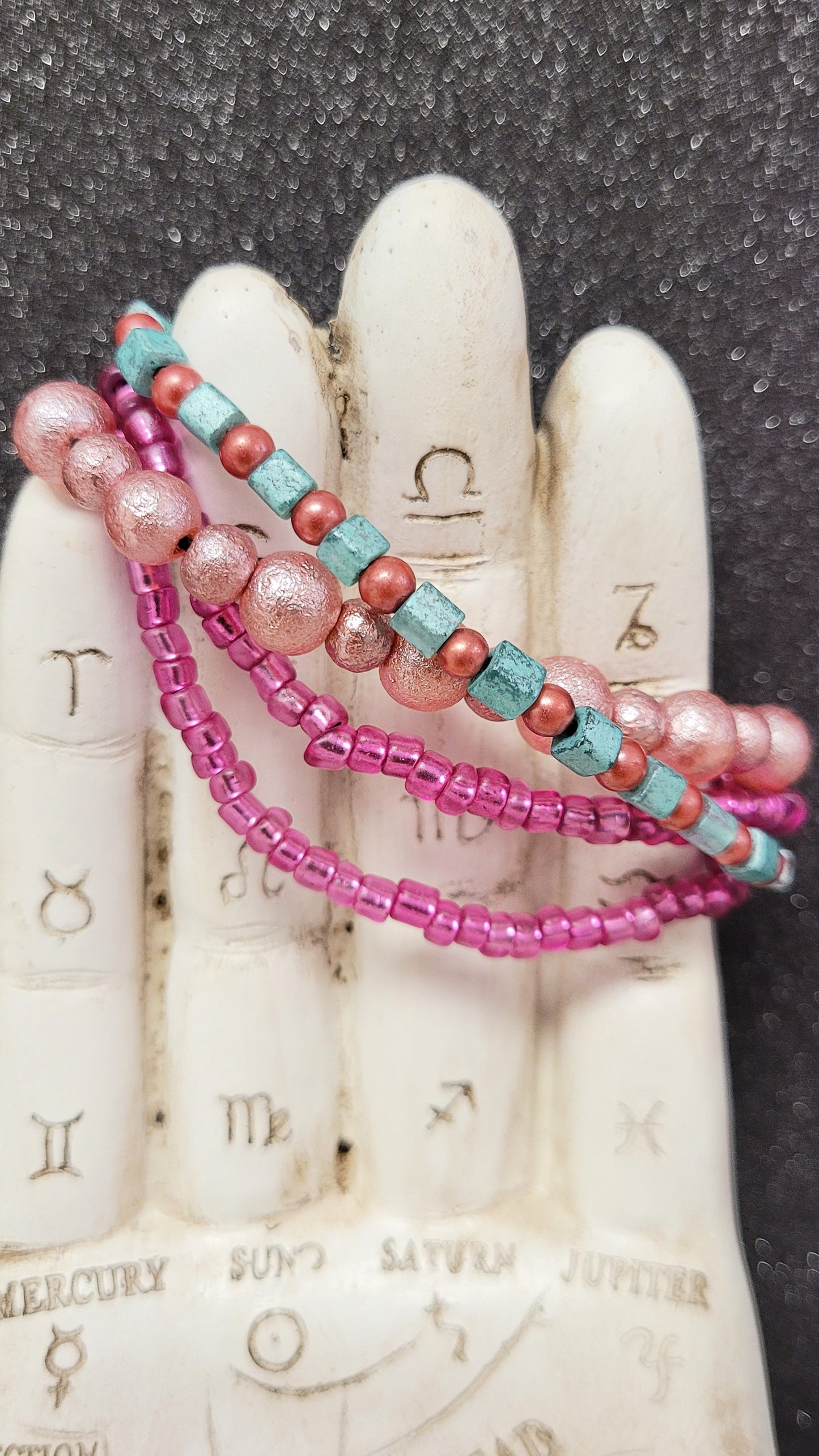 Stackable Metallic Pink With Purple Or Turquoise Accent Glass Bead Bracelet Set
