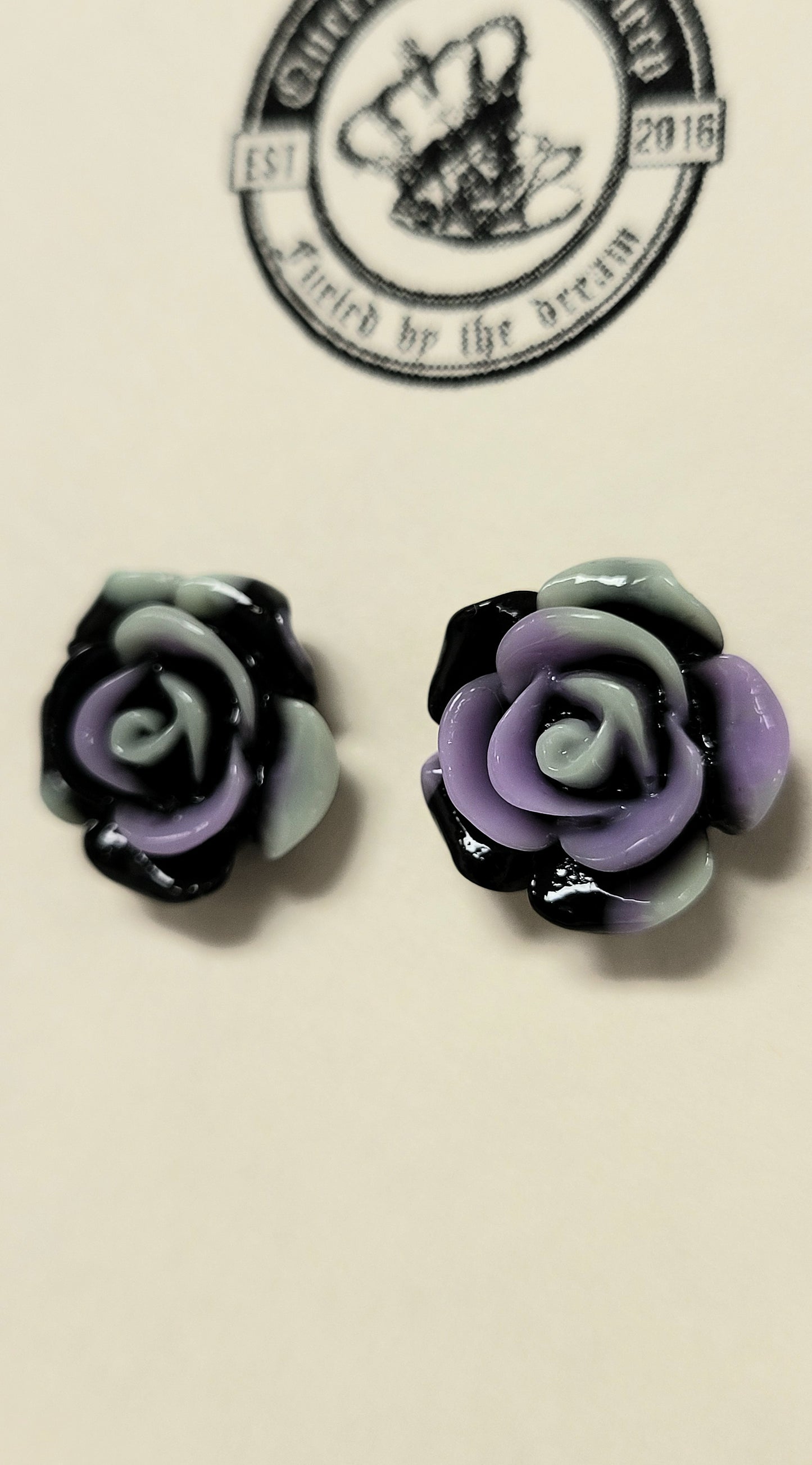 Black purple and green acrylic rose stud earrings