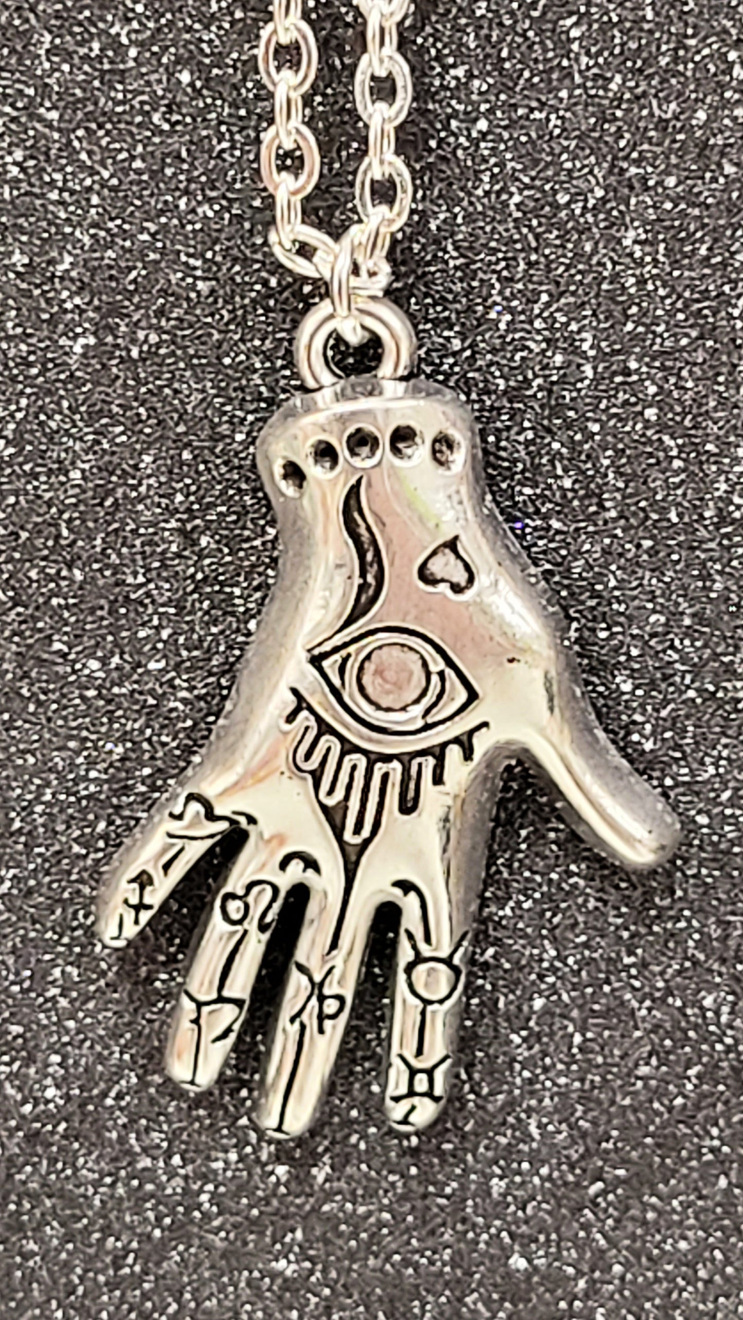 Mystic Eye Palmistry Silver Hand Necklace.