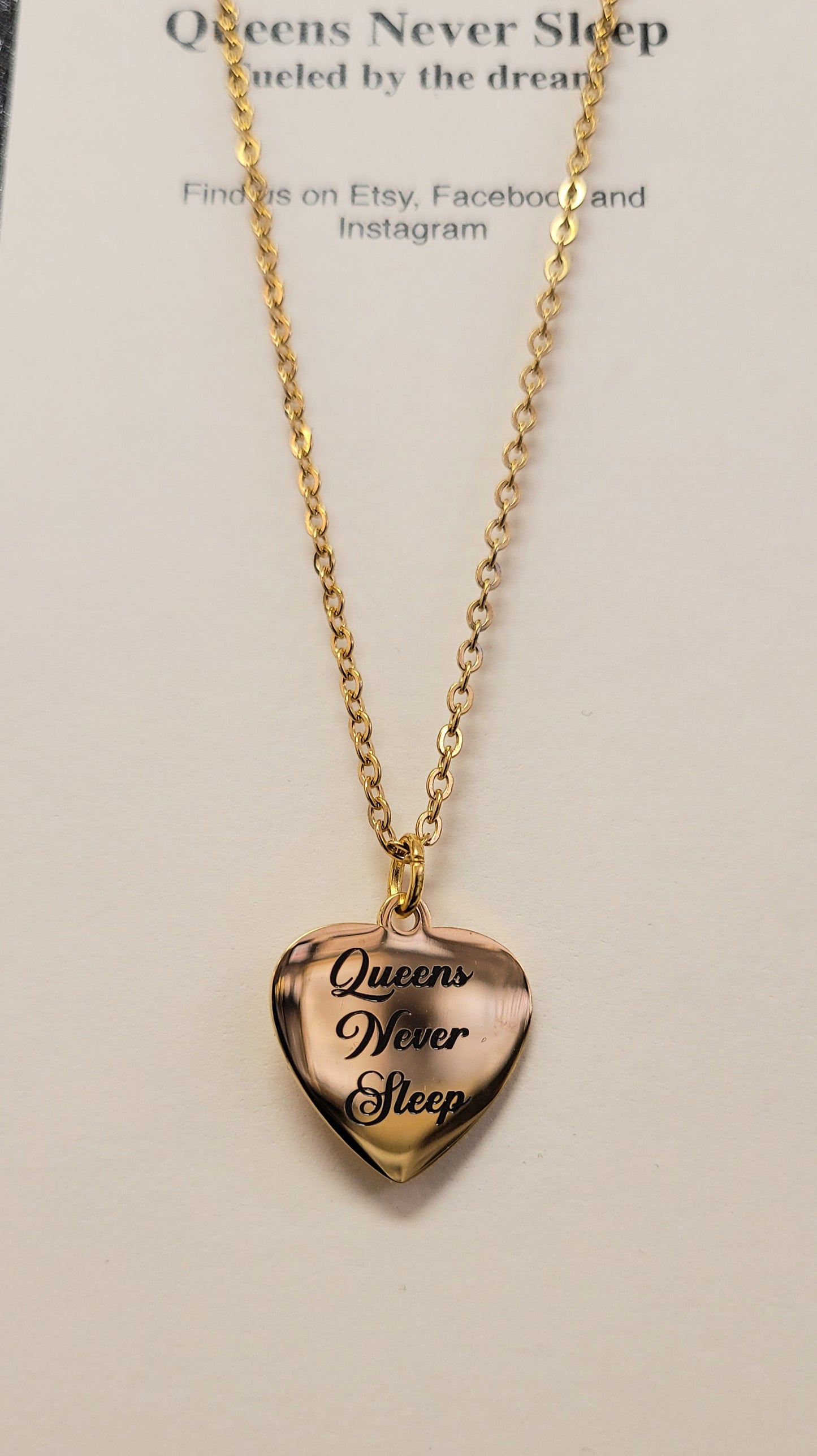 Queens Never Sleep Laser Engraved Gold Heart Necklace On Gold Chain