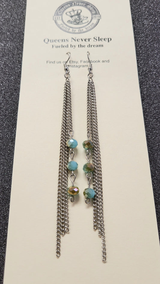 Silver With Gold Detailed Turquoise Bead Shoulder Duster Earrings