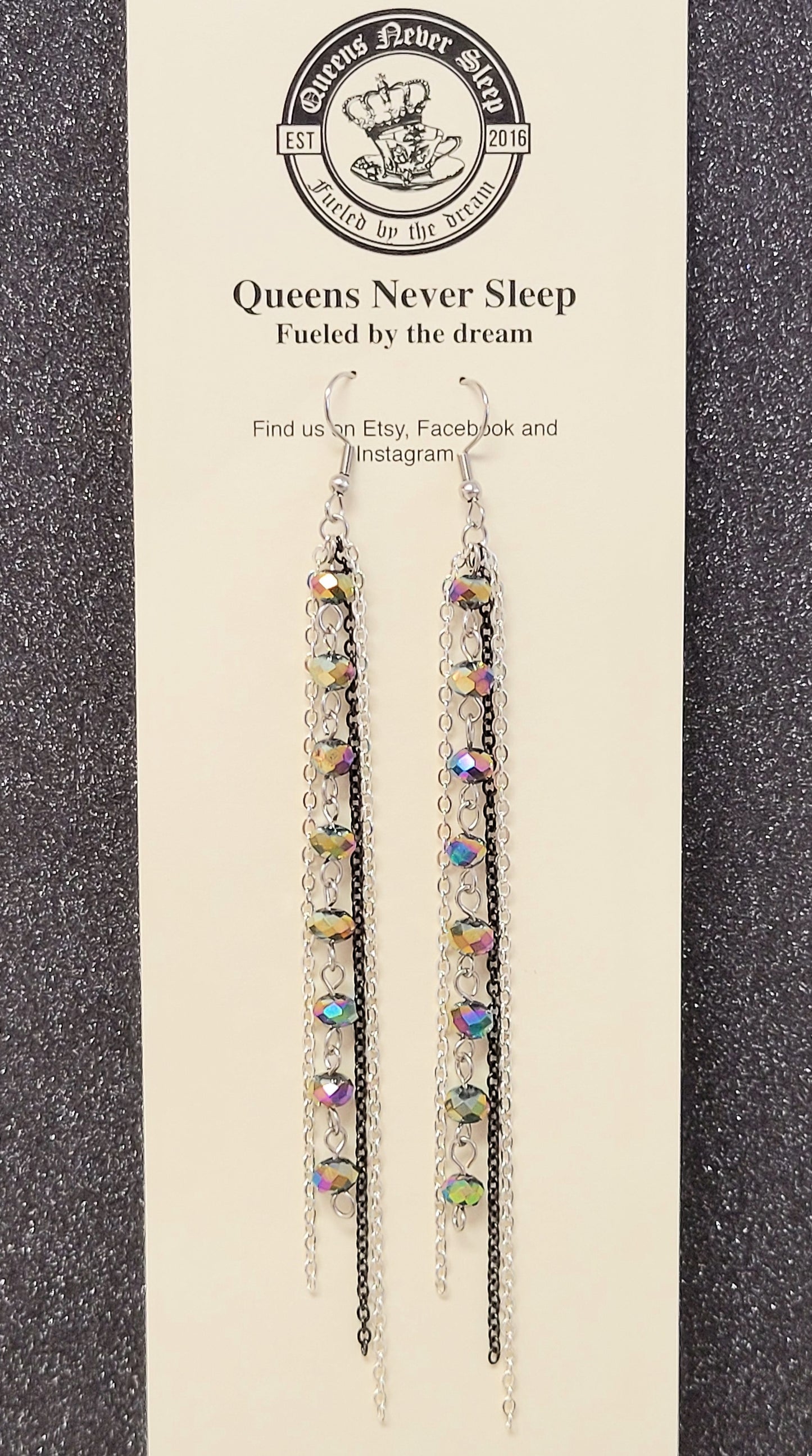 Iridescent Oil Slick Glass Bead And Mixed Metal Shoulder Duster Earrings