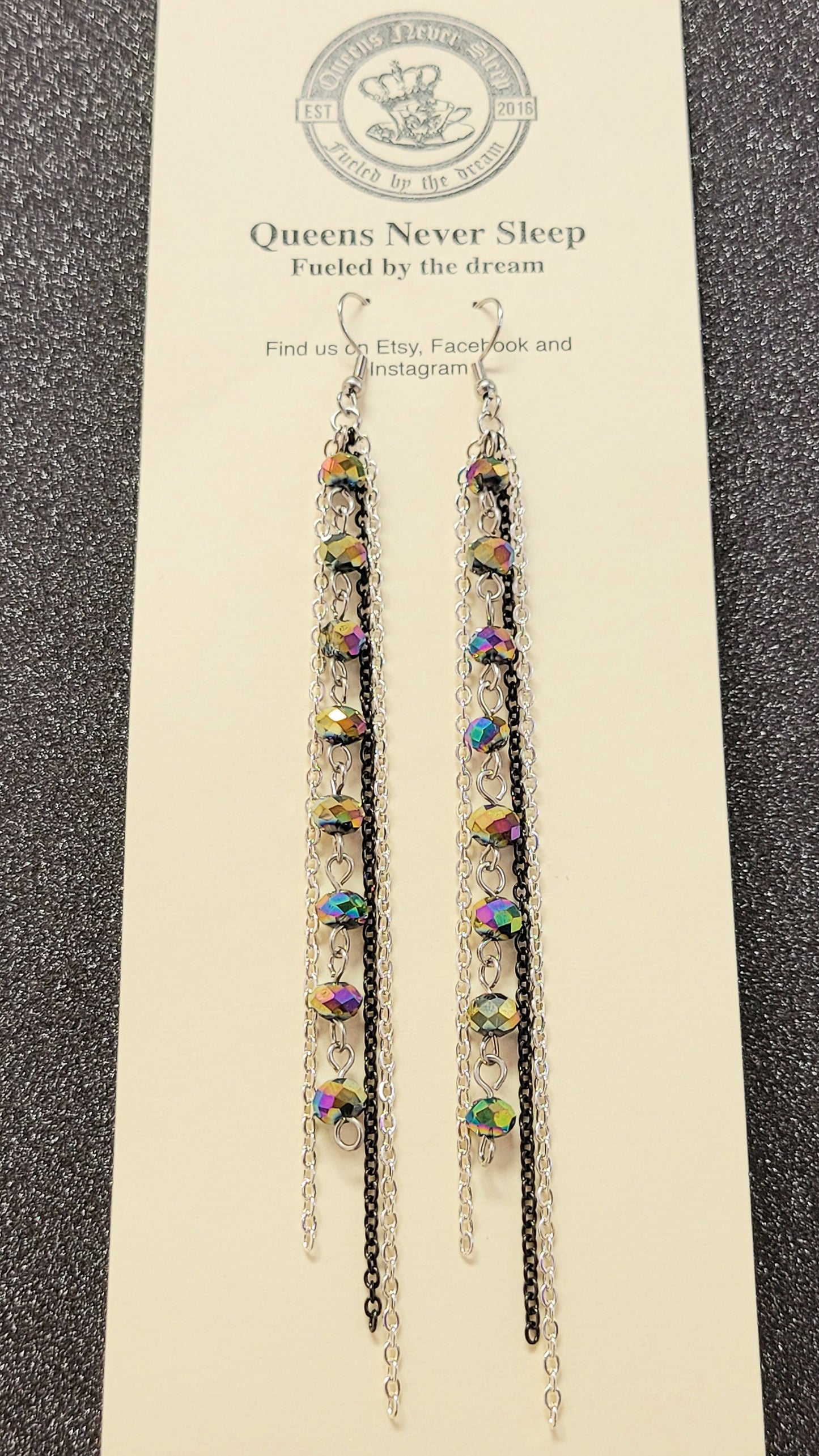 Iridescent Oil Slick Glass Bead And Mixed Metal Shoulder Duster Earrings