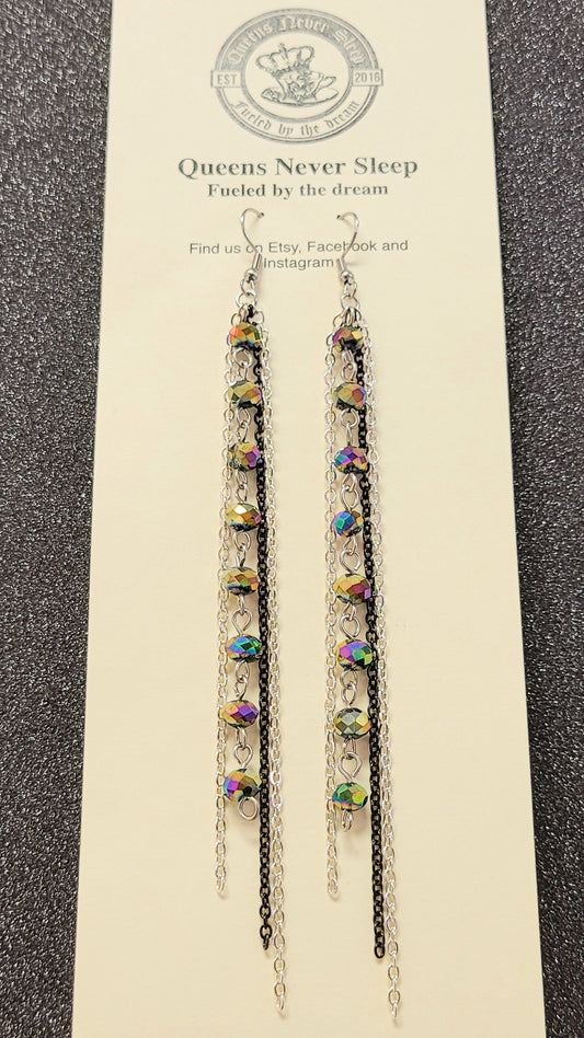 Iridescent Oil Slick Glass Bead And Mixed Metal Shoulder Duster Earrings