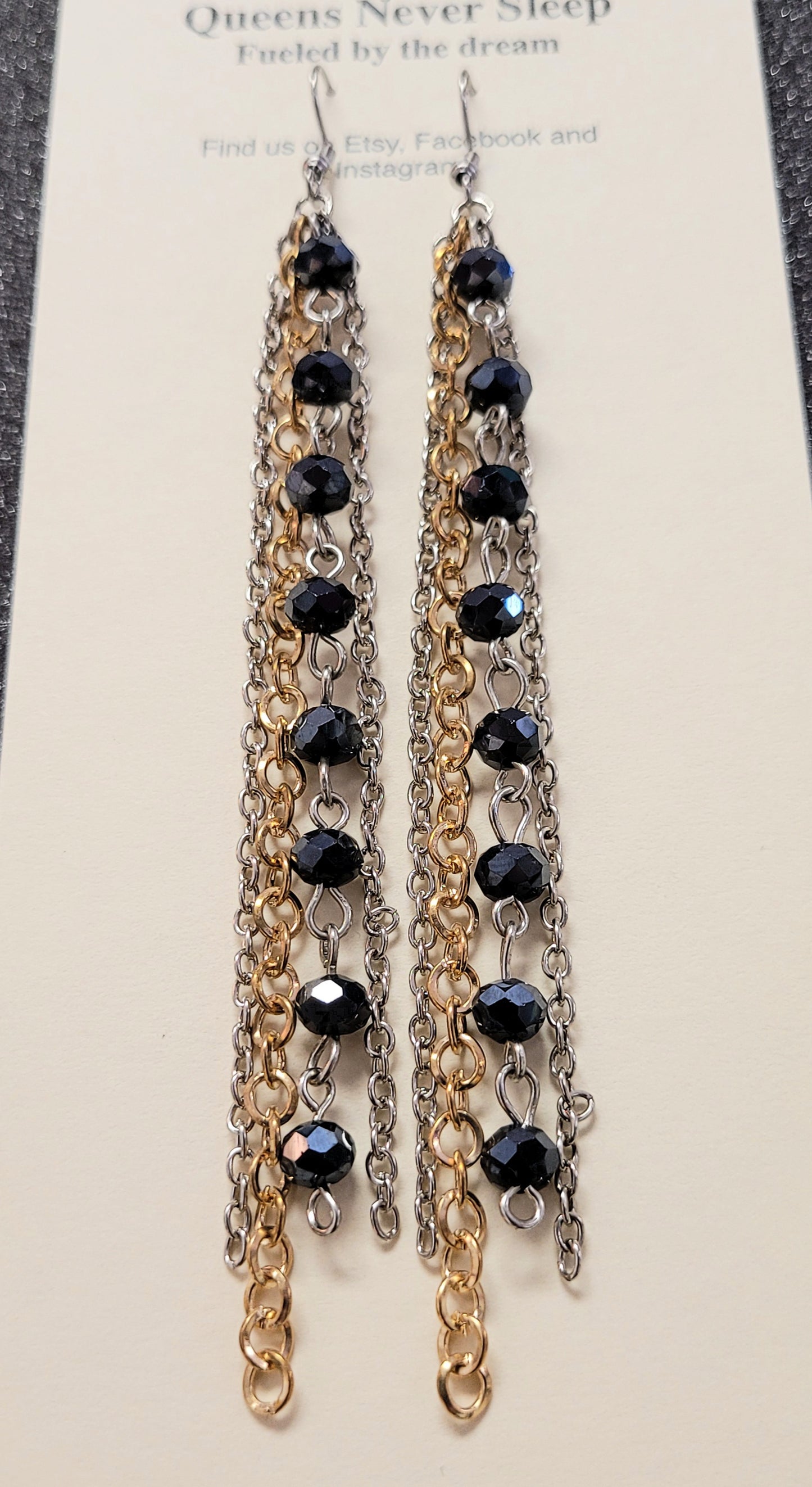 Black Glass Bead With Gold And Silver Mixed Chain Should Duster Earrings