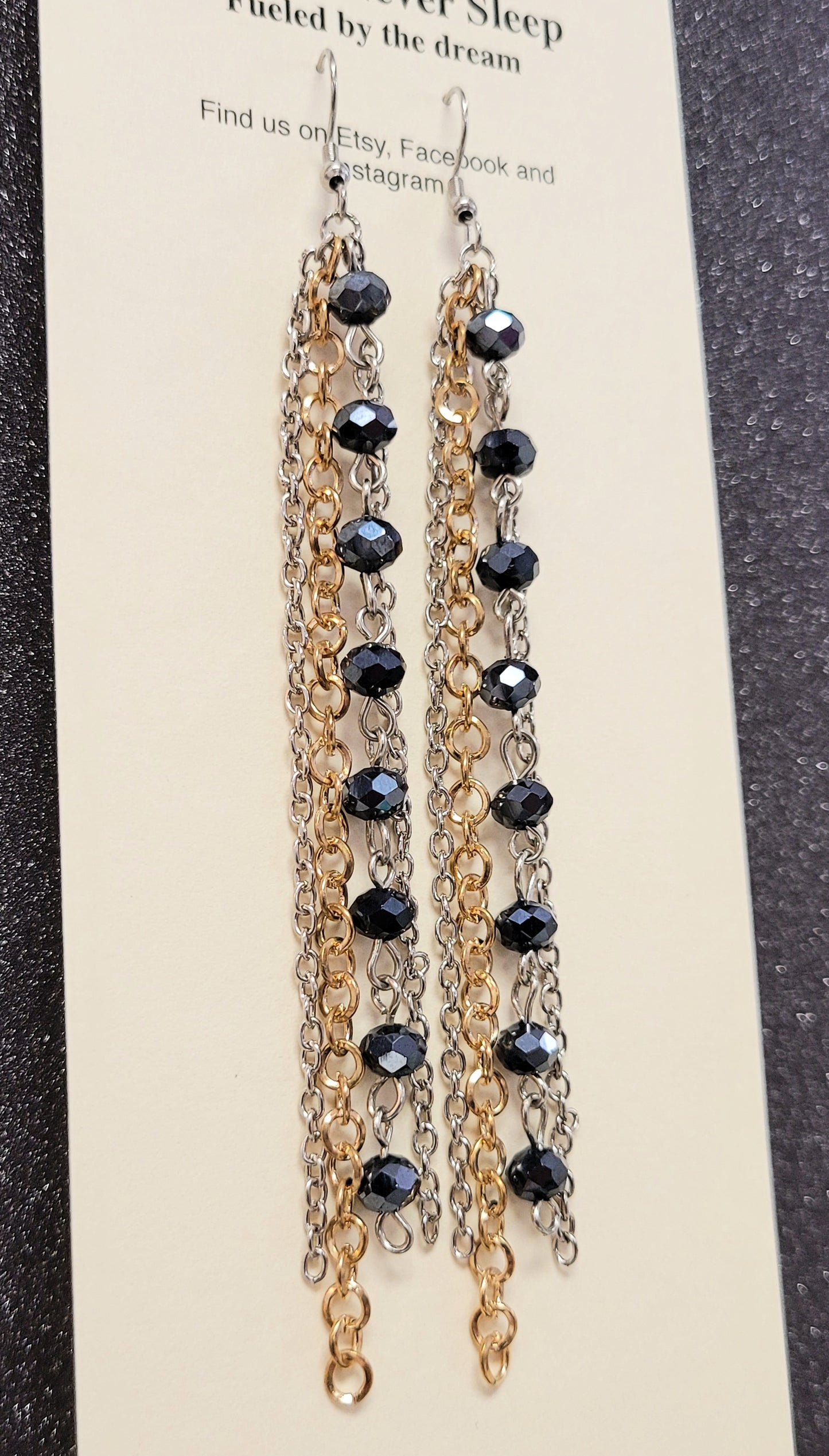 Black Glass Bead With Gold And Silver Mixed Chain Should Duster Earrings
