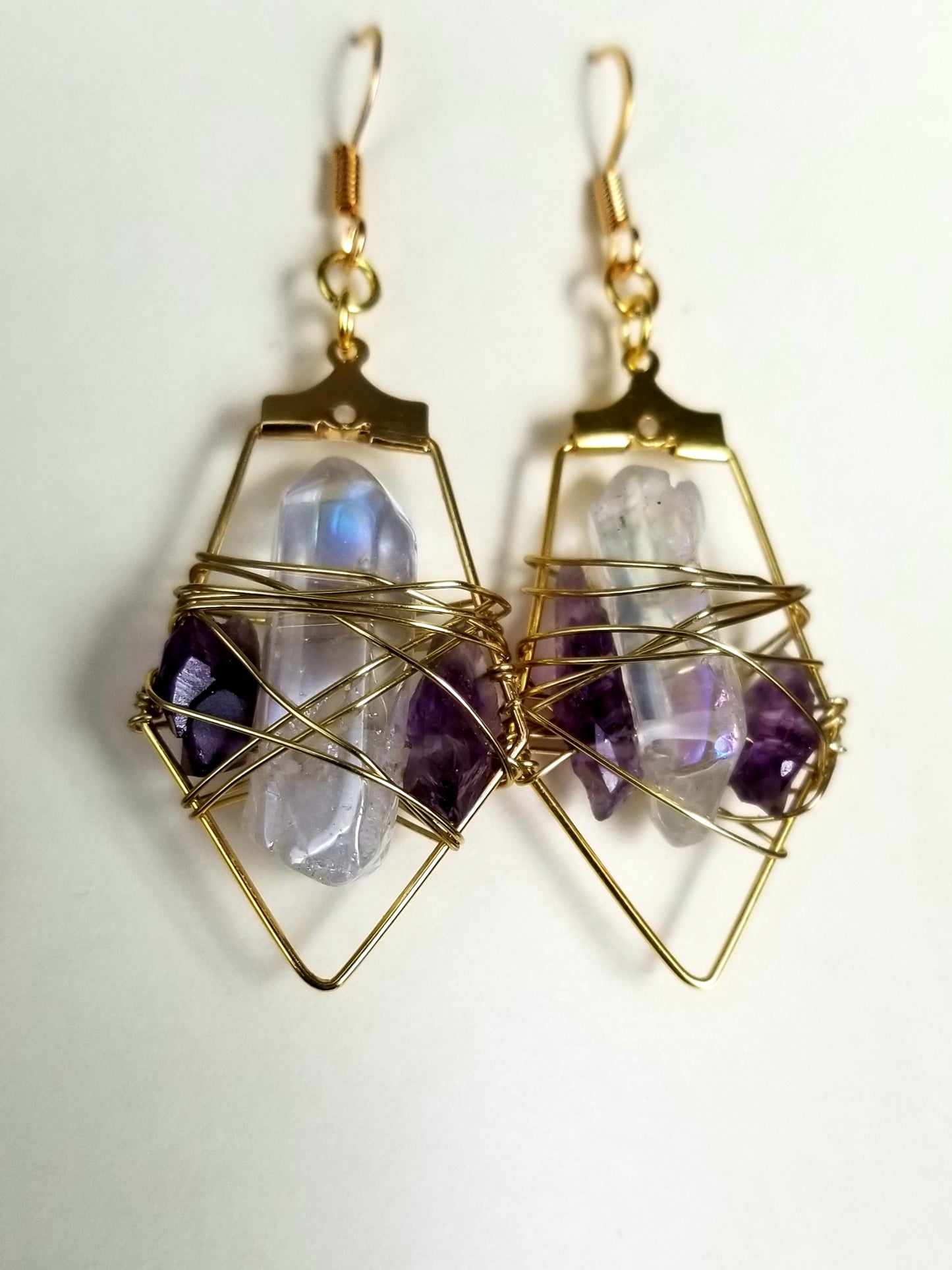 Gold Wire Wrapped Luster Quartz And Raw Amethyst Chip Earrings