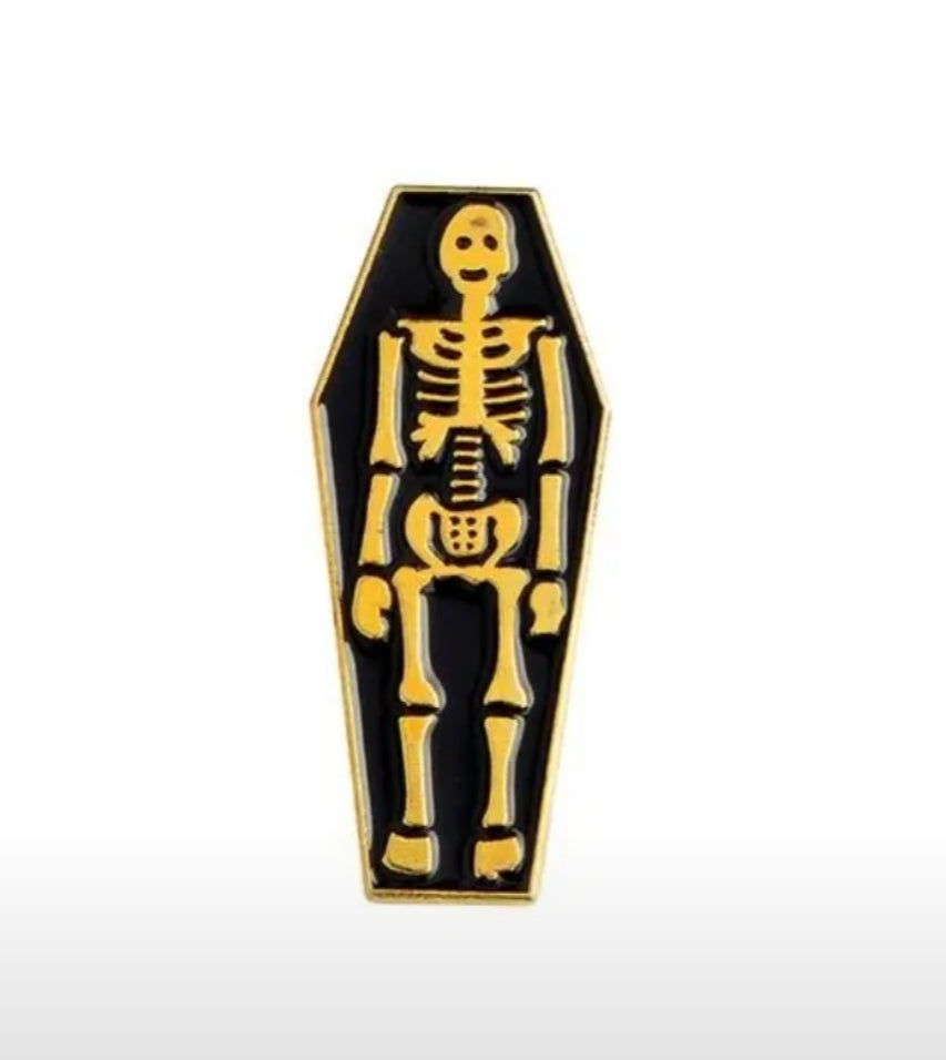 Gold Skeleton In Coffin Enamel Pin