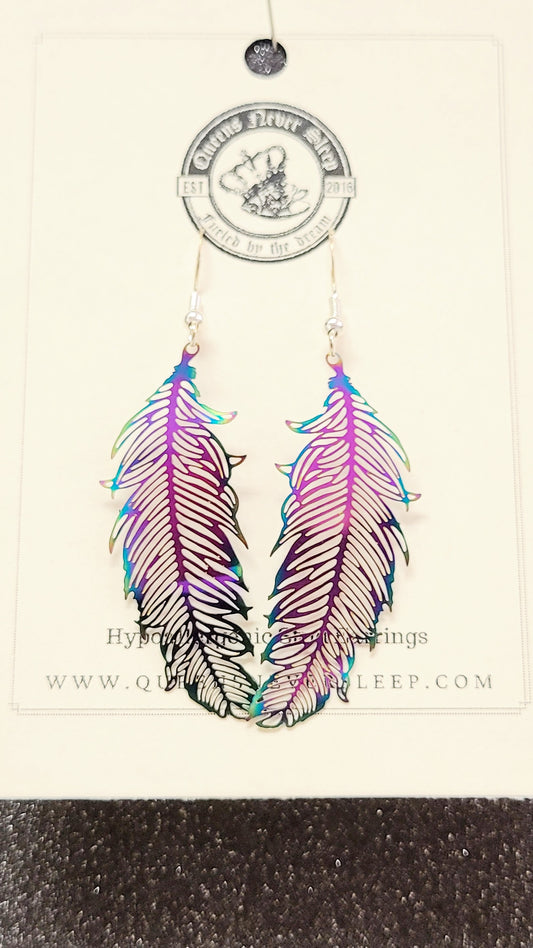 Metal Oil Slick Colored Feather Earrings