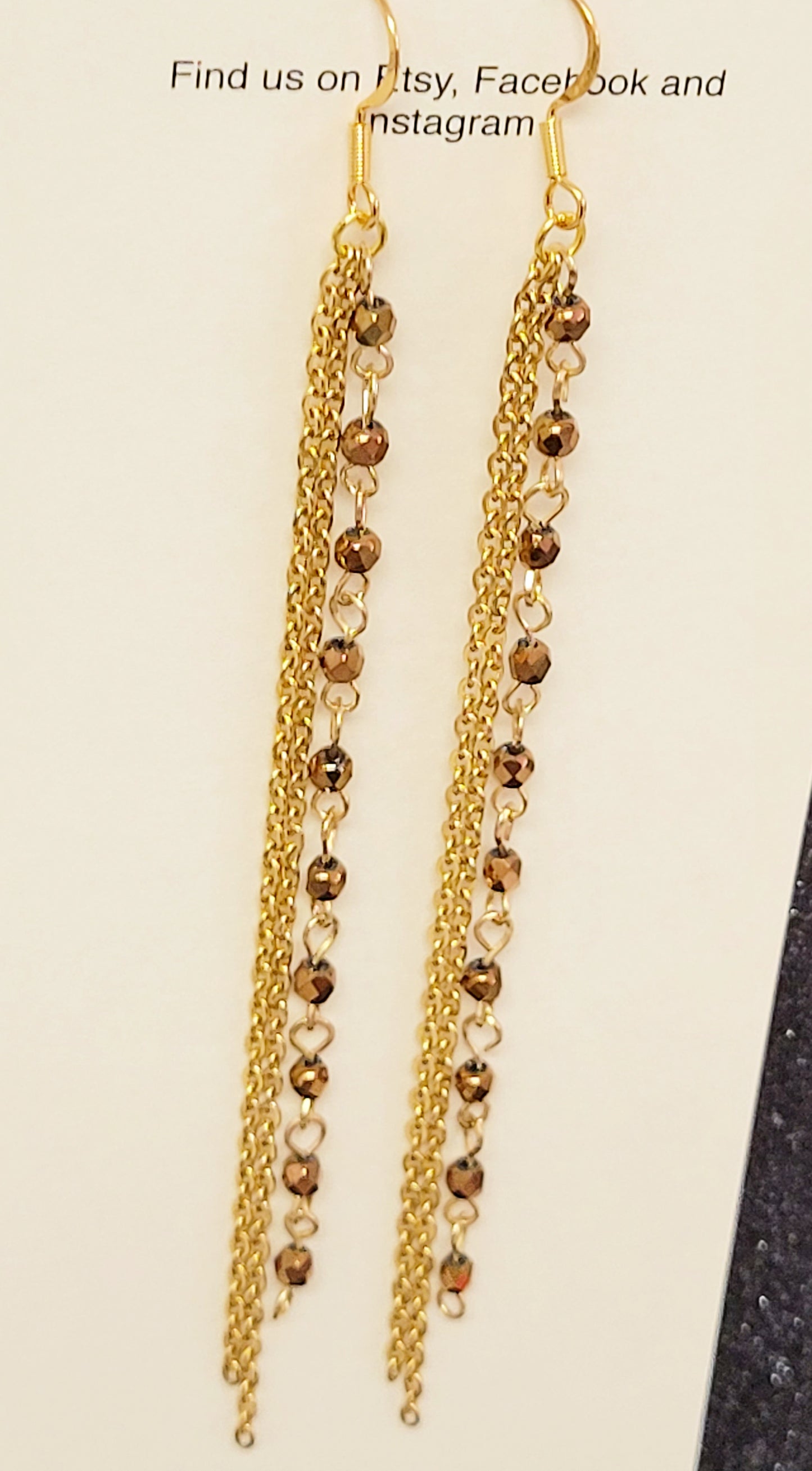 Gold Glass Bead With Gold Chain Long Earrings