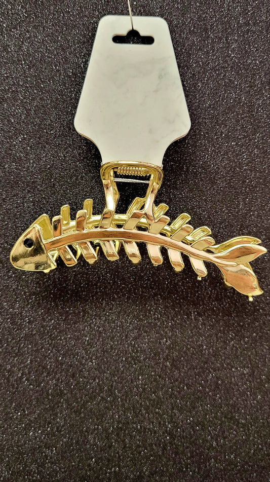 Gold metal fish bone hair clip