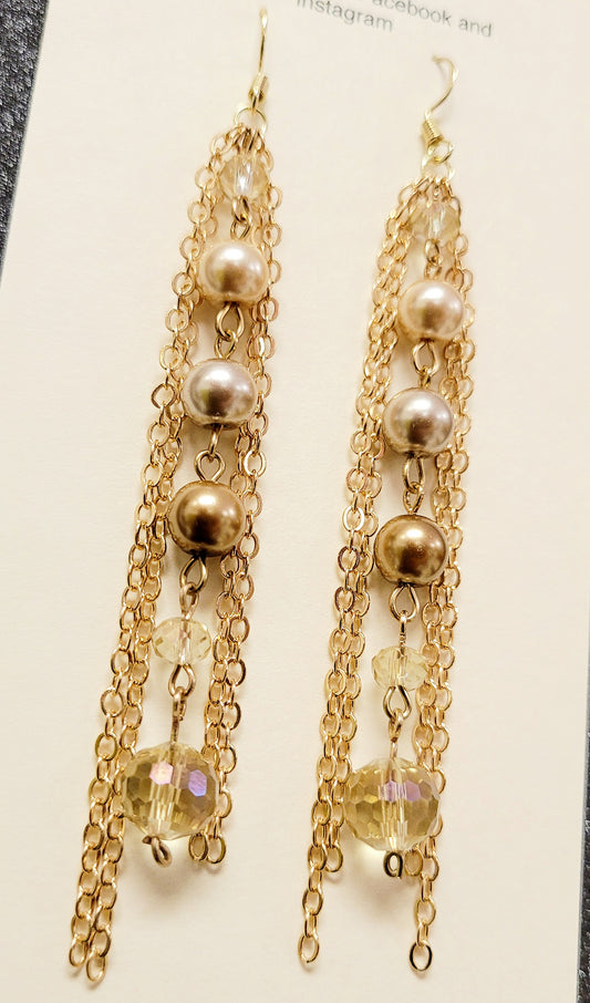 Upcycled pearl and irridecent beaded chain, with gold chain detail long earrings.