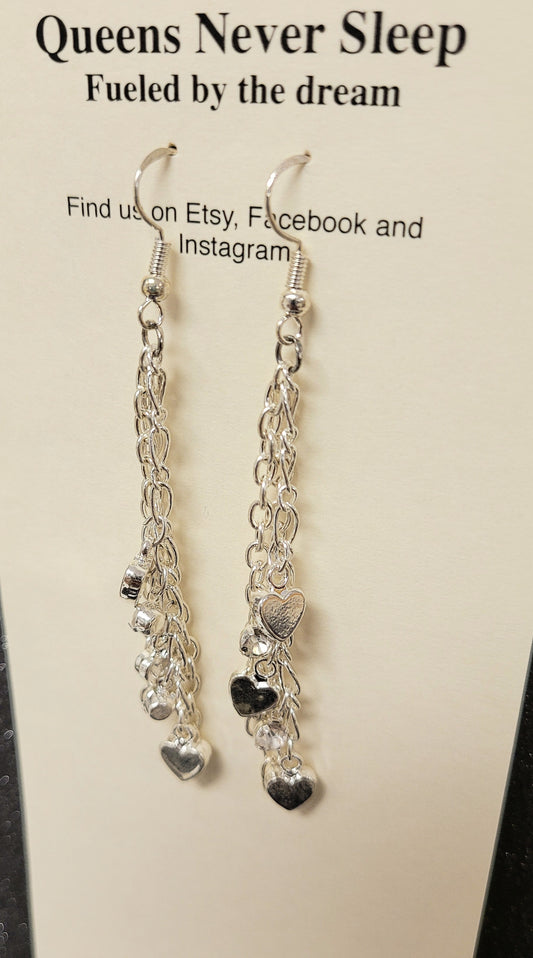 Silver heart and rhinestone midlength chain earrings