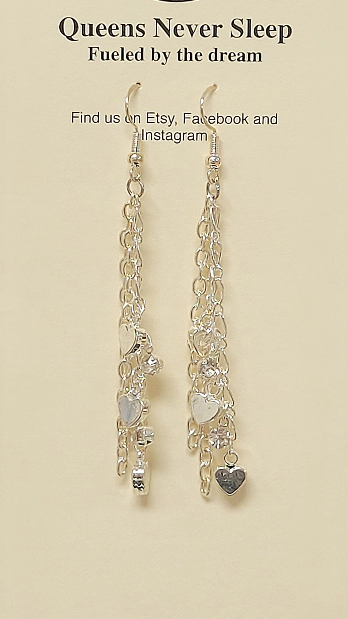 Silver heart and rhinestone midlength chain earrings