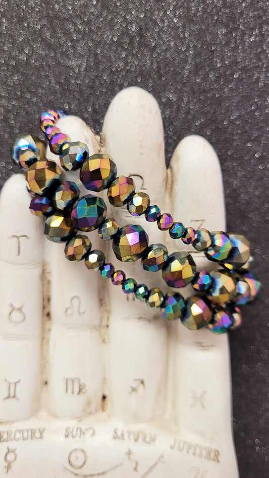 Stackable Oil Slick Colored Glass Bead Bracelet Set.