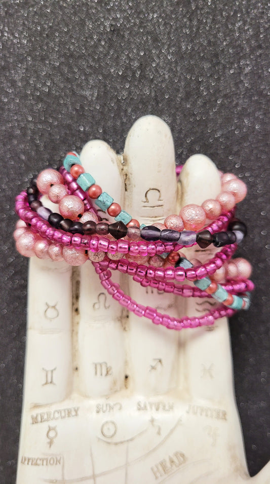 Stackable Metallic Pink With Purple Or Turquoise Accent Glass Bead Bracelet Set