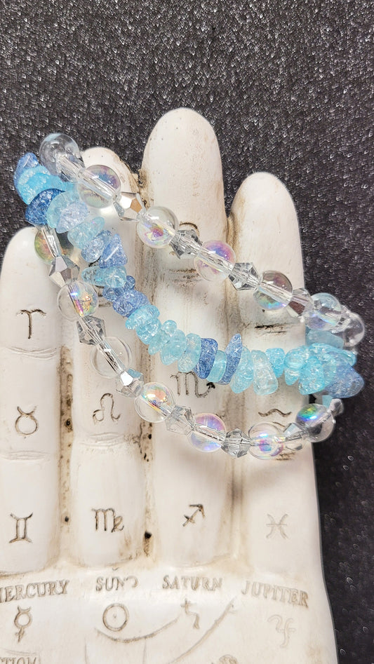 Stackable Clear Iridescent And Blue Crackle Glass Bead Elastic Bracelet Set