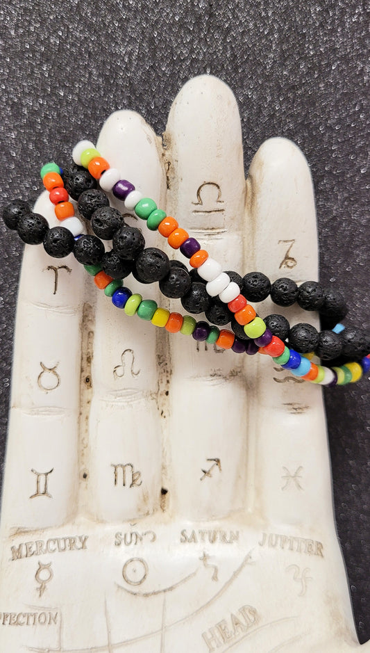 Stackable Black Lava Stone And Rainbow Mix glass Bead Elastic Bracelet Set
