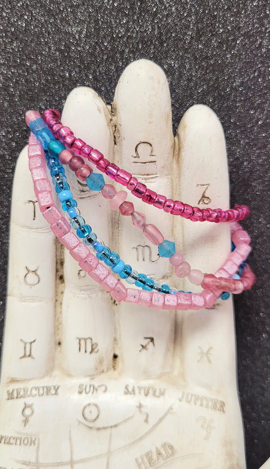 Stackable Pink And Blue Sea Glass Bead Elastic Bracelet Set