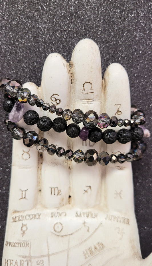 Stackable Lava Stone With Amethyst Chip And Gray Smoke Iridescent Glass Bead Elastic Bracelet Set