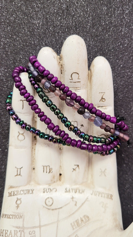 Stackable Purple Sea Glass With Purple And Oil Slick Colored Glass Bead Elastic Bracelet Set
