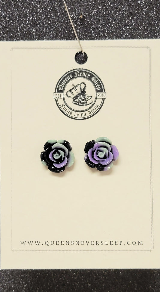Black purple and green acrylic rose stud earrings