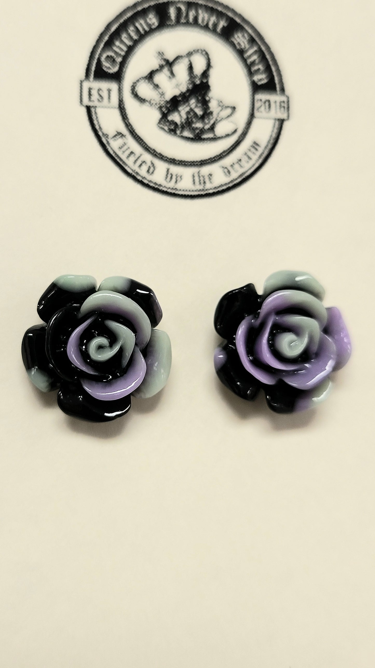 Black purple and green acrylic rose stud earrings