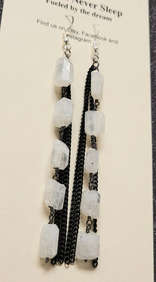4 inch long Raw Moonstone With Black Chain Detail Earrings