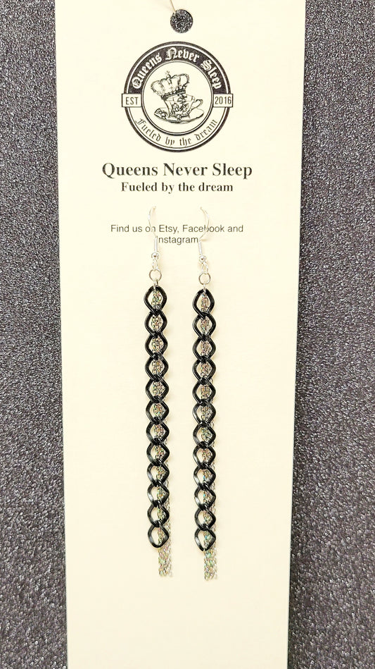 4.25 inch Black Diamond Shaped Chain With Titanium And Silver Chain Detail Earrings