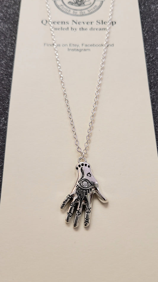 Mystic Eye Palmistry Silver Hand Necklace.