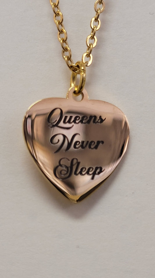 Queens Never Sleep Laser Engraved Gold Heart Necklace On Gold Chain