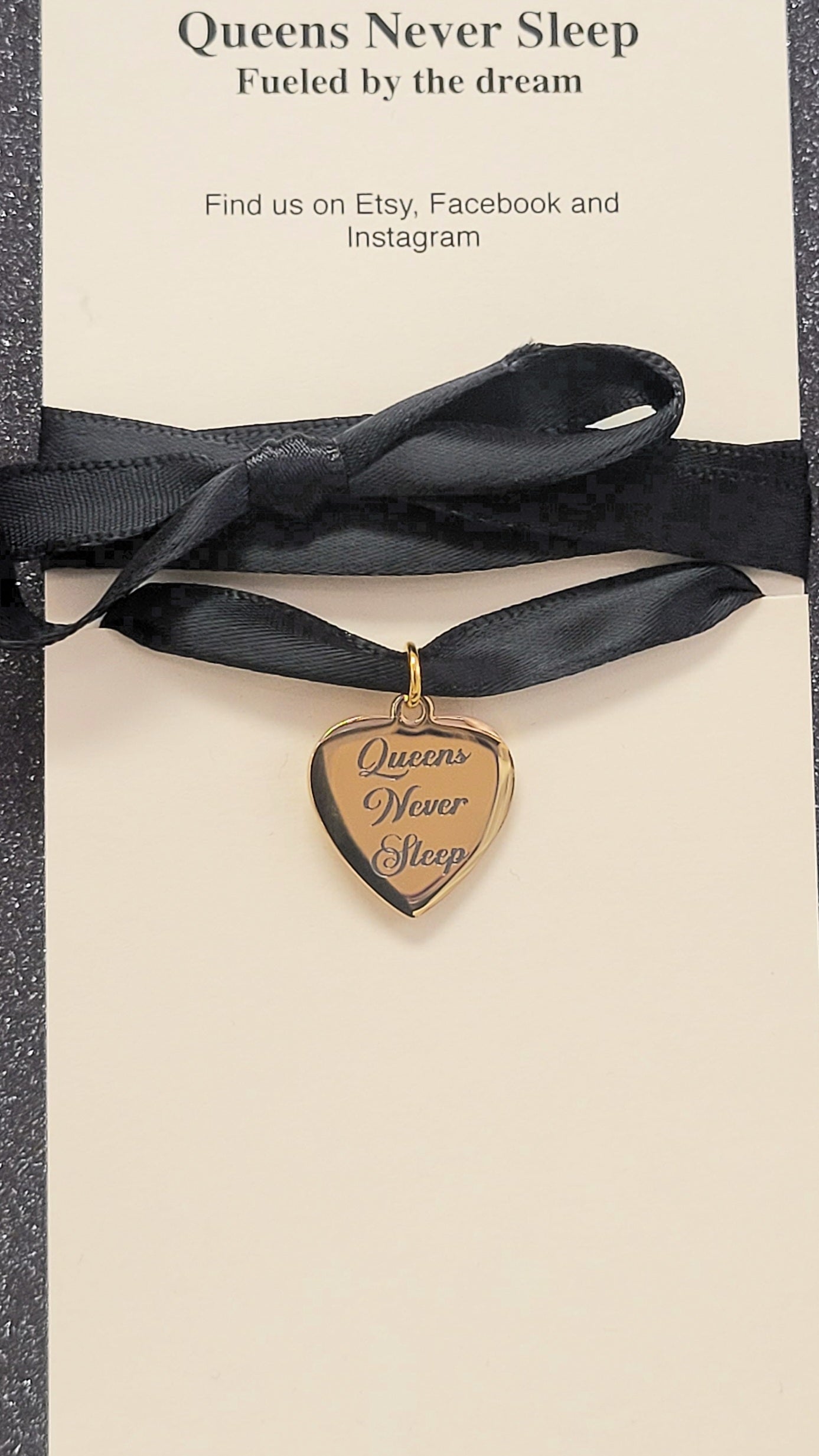 Queens Never Sleep Laser Engraved Gold Heart Necklace On Black Ribbon