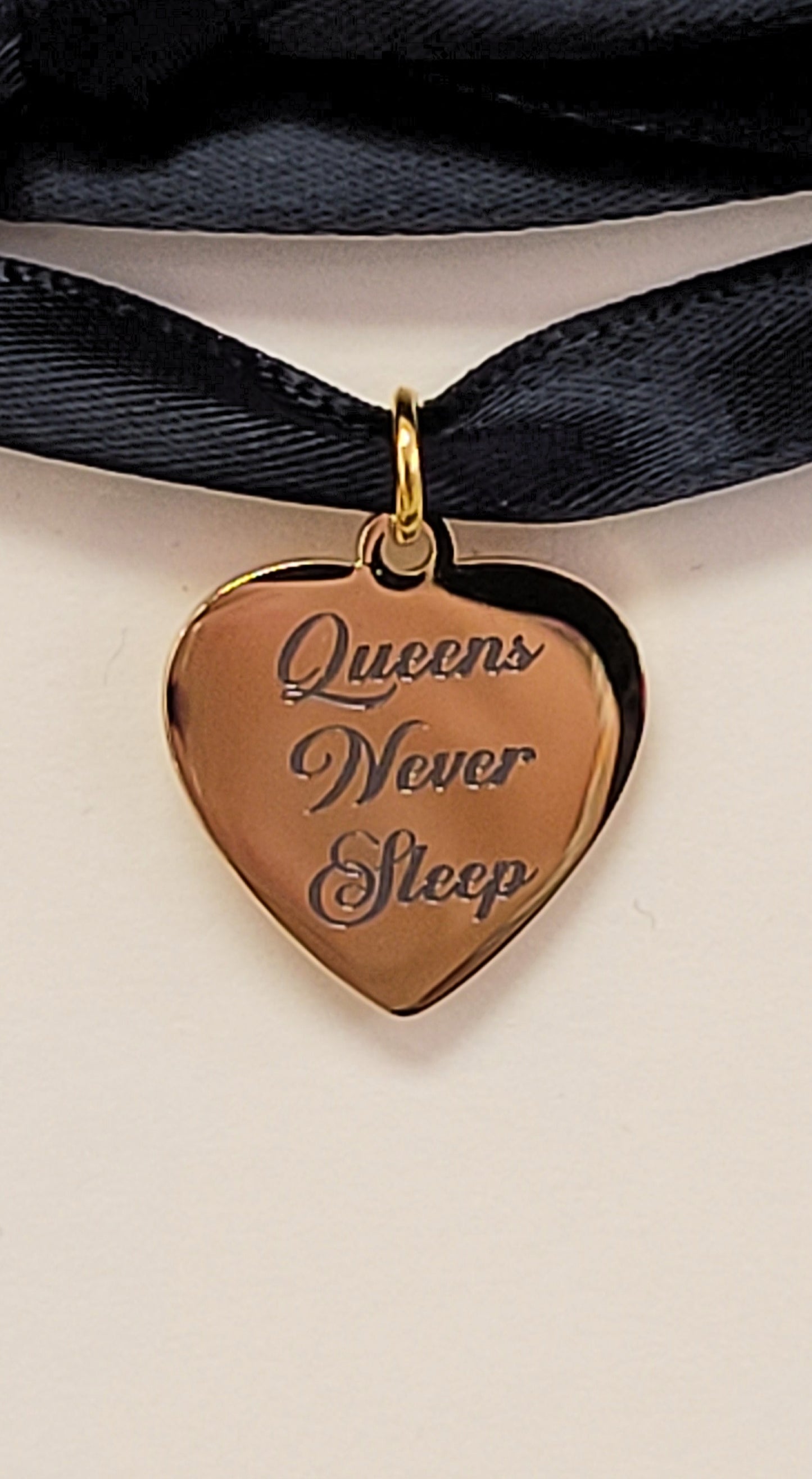 Queens Never Sleep Laser Engraved Gold Heart Necklace On Black Ribbon