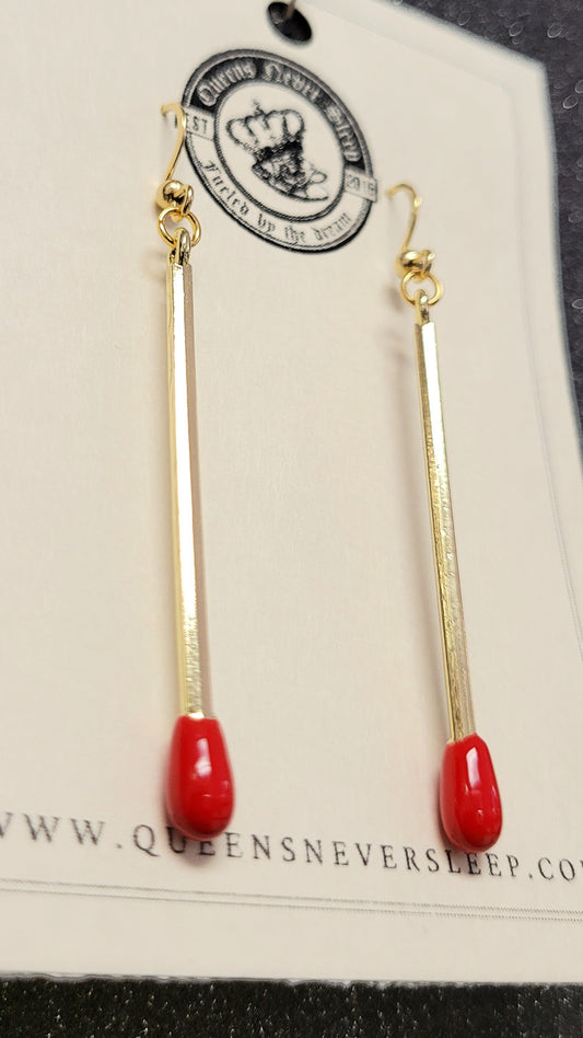 Gold With Red Enamel Detail Matchstick Earrings