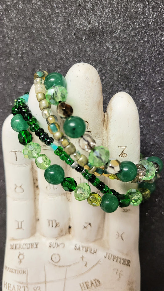 Green Iridescent Glass Bead Stackable Bracelet Set