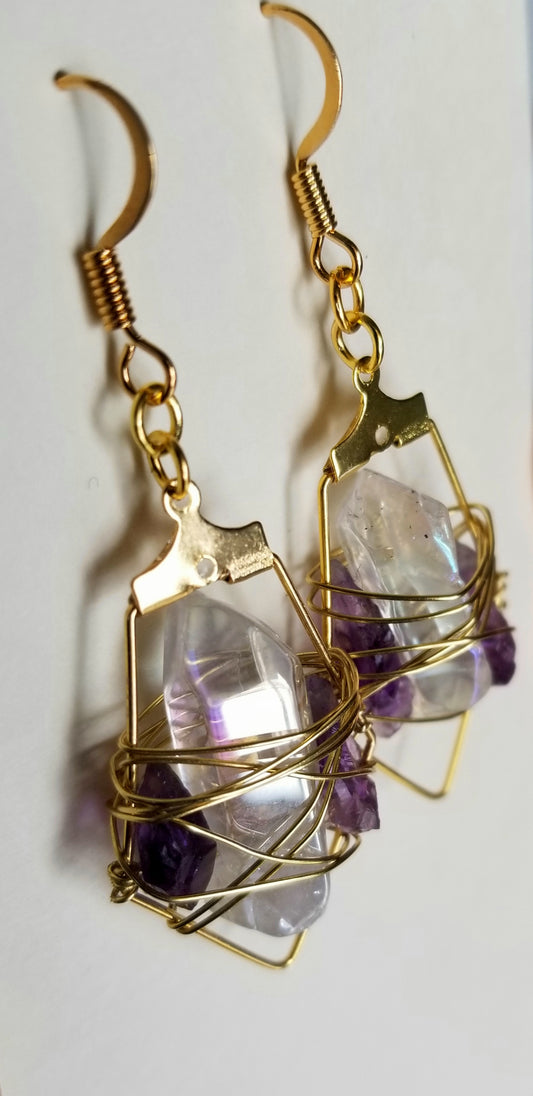 Gold Wire Wrapped Luster Quartz And Raw Amethyst Chip Earrings