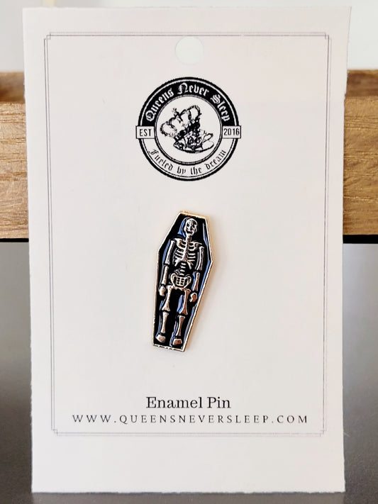 Gold Skeleton In Coffin Enamel Pin