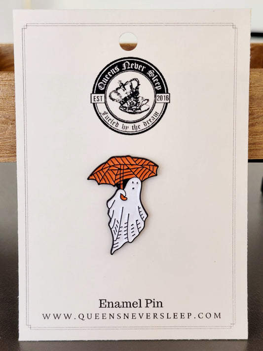Adorable Ghost With Orange Umbrella Enamel Pin